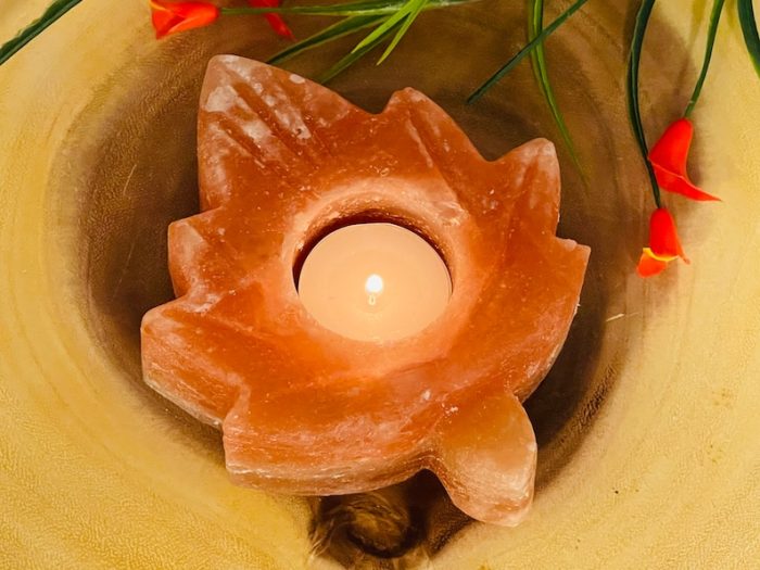 Himalayan Pink Salt Leaf Shape Tealight Candle Holder | Authentic | Beautiful Decor | Soothing & Calming Effects | 5" Width