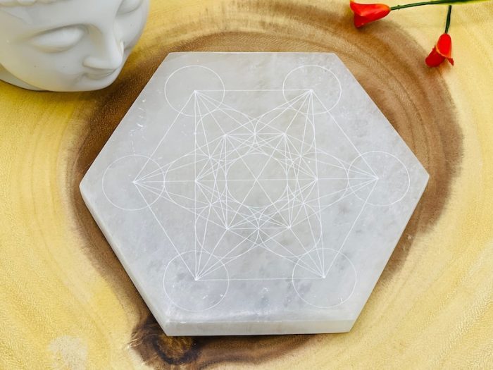 Metatron's Cube Etched Design Selenite Charging Station | Hexagon Charging Plate | Chakra Activator | Powerful Healer | 4 inch & 5 inch