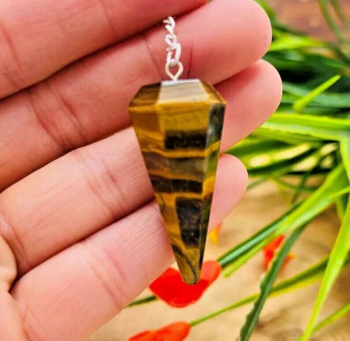 Tiger Eye Crystal Pendulum With Silver Plated Chain | Tiger Eye Point Pendulum | Healing Dowsing Energy Balancing | Faceted