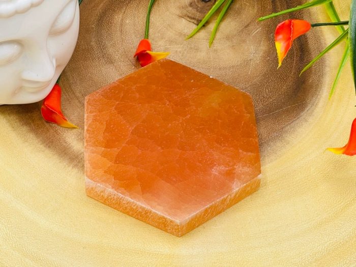 Orange Selenite Hexagon Charging Station With Chakra Tumbled Stones & Velvet Pouch | Hexagon Plate | Chakra Activator | Metaphysical