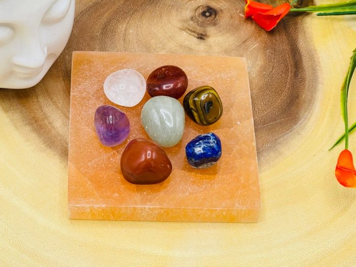 Orange Selenite Square Charging Station With Chakra Tumbled Stones & Velvet Pouch | Healing Crystal | Chakra Activator | Metaphysical