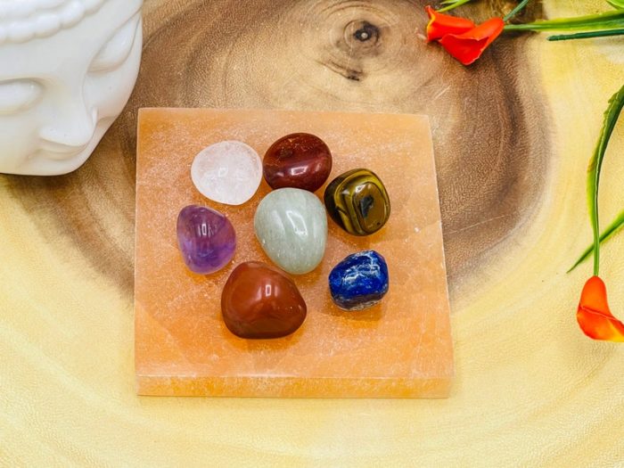 Orange Selenite Square Charging Station With Chakra Tumbled Stones & Velvet Pouch | Healing Crystal | Chakra Activator | Metaphysical