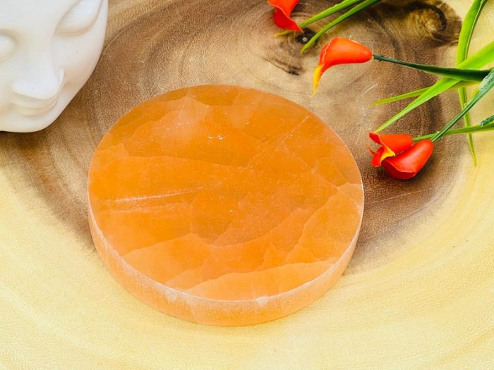 Orange Selenite Round Charging Station with Chakra Tumbled Stones & Velvet pouch | Selenite Plate | Chakra Activator | Metaphysical