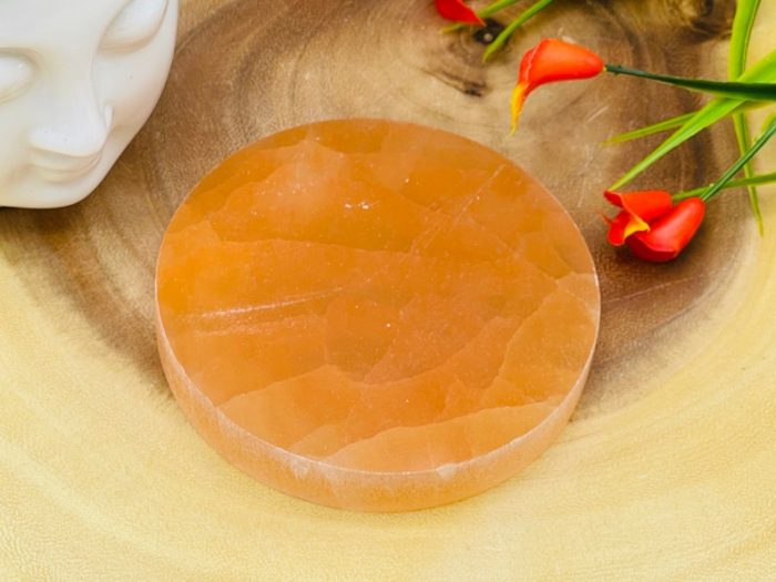 Orange Selenite Round Charging Station with Chakra Tumbled Stones & Velvet pouch | Selenite Plate | Chakra Activator | Metaphysical