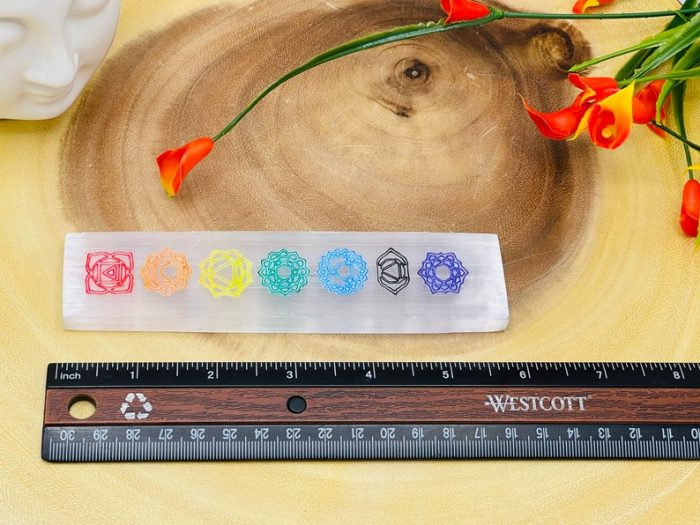 Selenite Charging Station Etched Bar With 7 Chakra Colored Signs & 7 Chakra Tumbled Stones | Charging Plate | Chakra Activator | Reiki