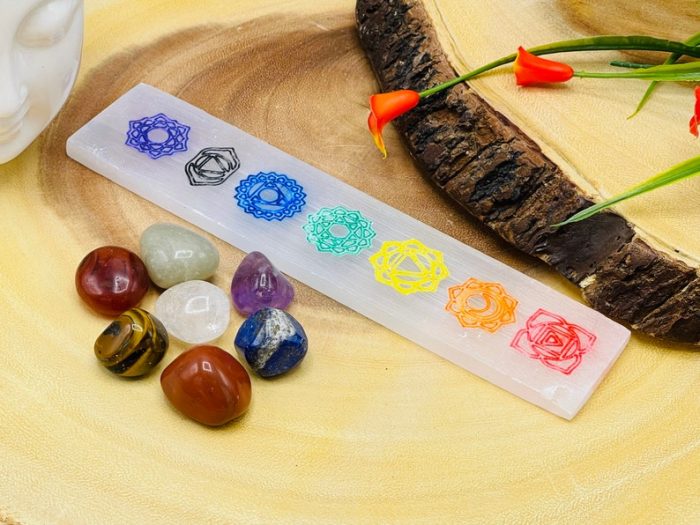 Selenite Charging Station Etched Bar With 7 Chakra Colored Signs & 7 Chakra Tumbled Stones | Charging Plate | Chakra Activator | Reiki