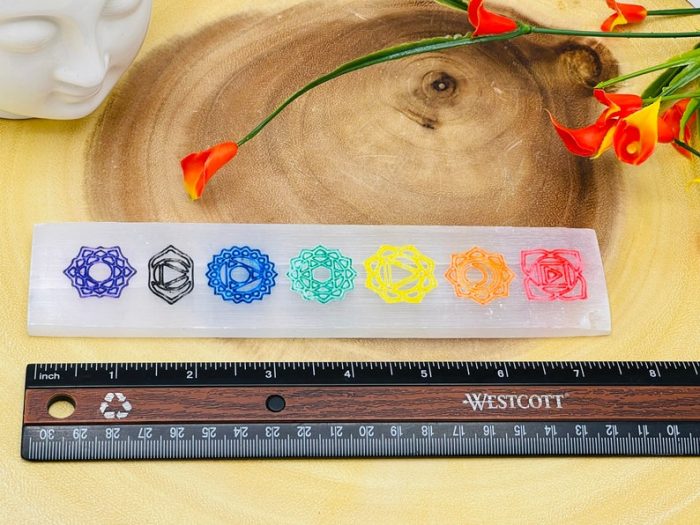 Selenite Charging Station Etched Bar With 7 Chakra Colored Signs & 7 Chakra Tumbled Stones | Charging Plate | Chakra Activator | Reiki