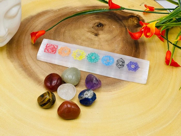 Selenite Charging Station Etched With 7 Chakra Colored Signs | Charging Plate | Chakra Activator | Reiki | Chakra Crystal Cleanser | 6 inch