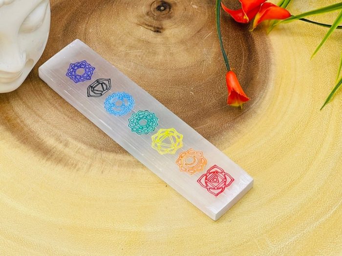 Selenite Charging Station Etched With 7 Chakra Colored Signs | Charging Plate | Chakra Activator | Reiki | Chakra Crystal Cleanser | 6 inch