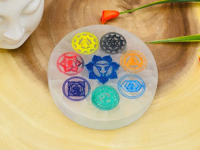 Selenite Charging Station Etched Plate With 7 Chakra Colored Signs & 7 Chakra Tumbled Stones | Charging Plate | Chakra Activator | Reiki