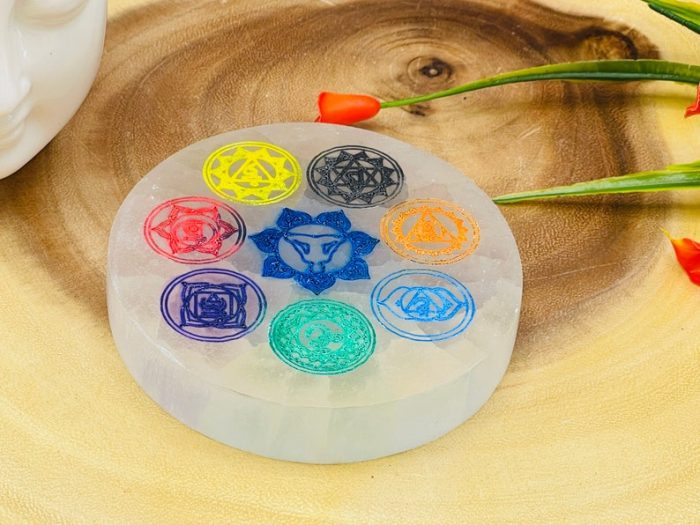 Selenite Charging Station Etched Plate With 7 Chakra Colored Signs & 7 Chakra Tumbled Stones | Charging Plate | Chakra Activator | Reiki