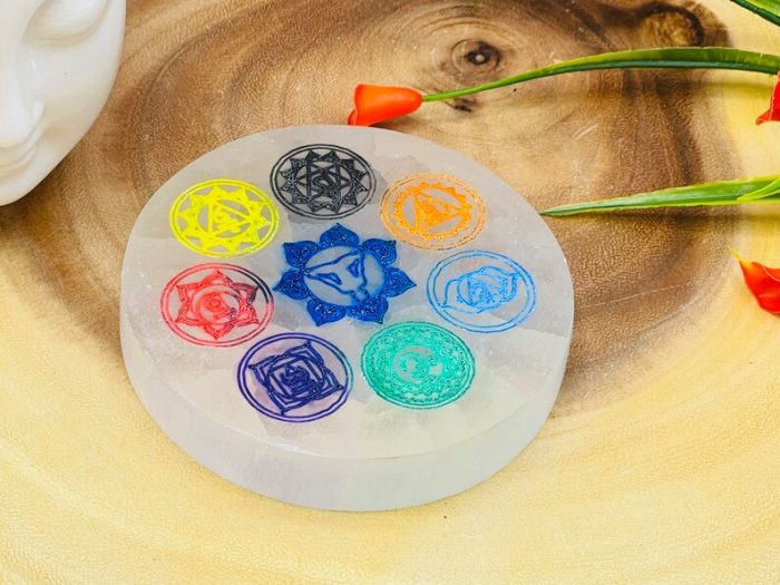 Selenite Charging Station Etched Plate With 7 Chakra Colored Signs | Charging Plate | Chakra Activator | Reiki | Crystal Cleanser | 4 inch