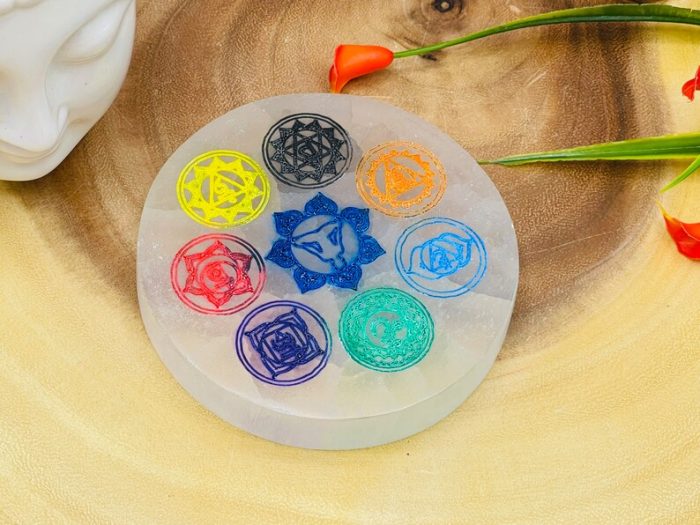 Selenite Charging Station Etched Plate With 7 Chakra Colored Signs | Charging Plate | Chakra Activator | Reiki | Crystal Cleanser | 4 inch