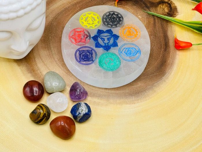 Selenite Charging Station Etched Plate With 7 Chakra Colored Signs | Charging Plate | Chakra Activator | Reiki | Crystal Cleanser | 4 inch