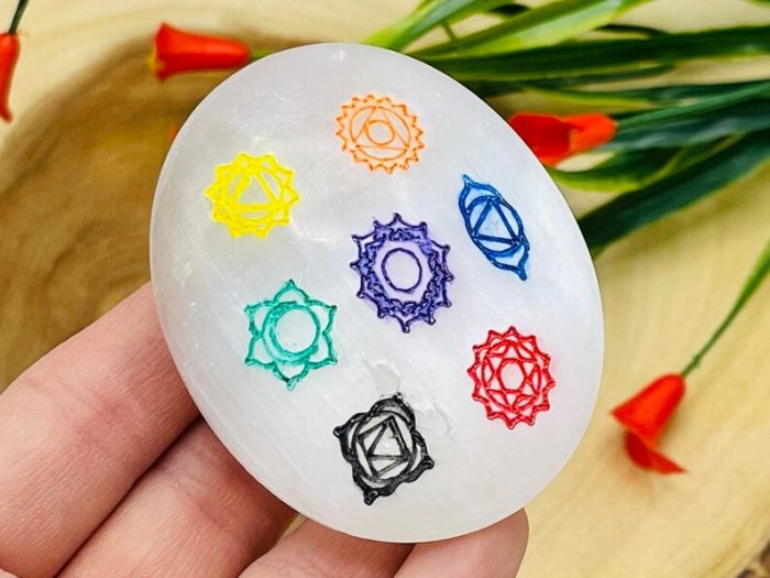 Selenite Palm Stone Etched with 7 Chakra Symbols | Selenite Pocket Stone | Chakra Activator | Reiki | Meditation | Powerful Healer