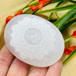 Selenite Palm Stone Etched with OM Symbols | Selenite Pocket Stone | Chakra Activator | Reiki | Meditation | Powerful Healer