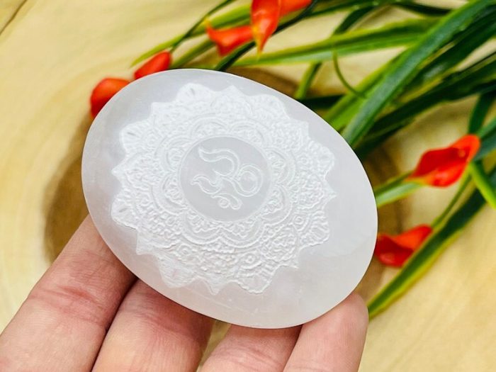 Selenite Palm Stone Etched with OM Symbols | Selenite Pocket Stone | Chakra Activator | Reiki | Meditation | Powerful Healer