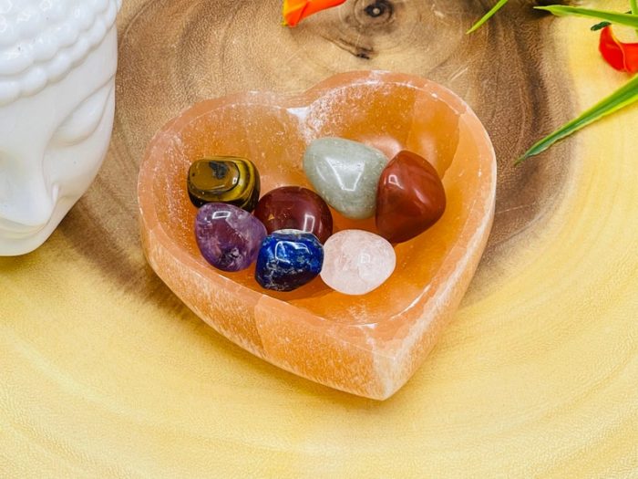 Orange Selenite Heart Shape Charging Bowl with 7 Chakra Tumbled Stone & Velvet Pouch, Chakra Activator, Crystal Cleansing Bowl, Reiki, 10 cm