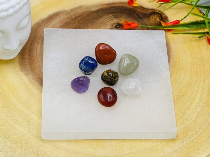 7 Chakra Tumbled Stone Set With Velvet Pouch and Selenite Square Charging Plate | Polished Stone | Chakra Healing | Selenite Crystal