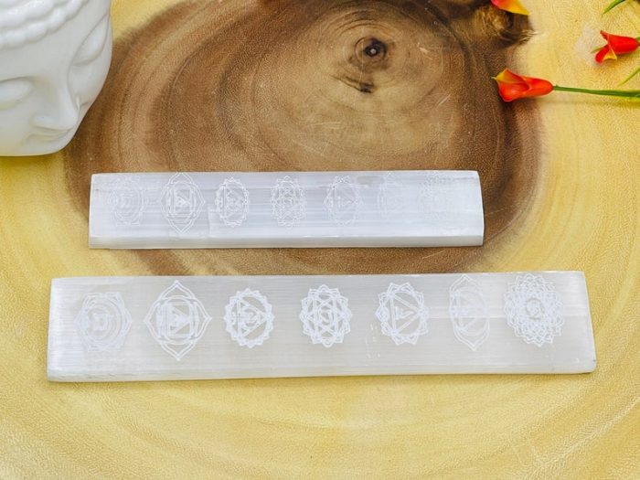 Selenite Charging Station Etched with 7 Chakra Signs | Flat Rectangular Plate | Chakra Activator | Spiritual Growth | Meditation | 6" & 8"