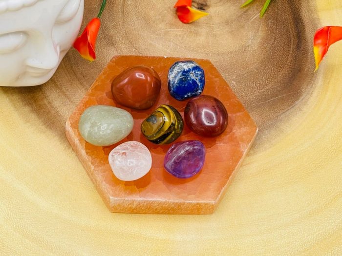 Orange Selenite Hexagon Charging Station With Chakra Tumbled Stones & Velvet Pouch | Hexagon Plate | Chakra Activator | Metaphysical