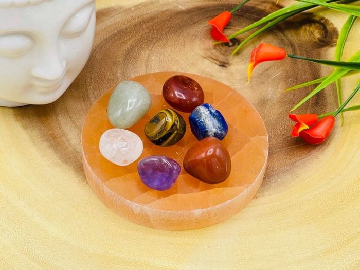 Orange Selenite Round Charging Station with Chakra Tumbled Stones & Velvet pouch | Selenite Plate | Chakra Activator | Metaphysical