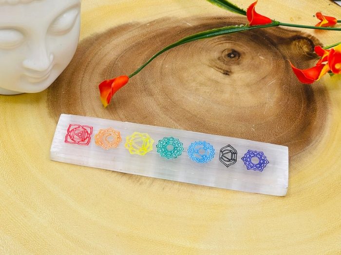 Selenite Charging Station Etched Bar With 7 Chakra Colored Signs & 7 Chakra Tumbled Stones | Charging Plate | Chakra Activator | Reiki