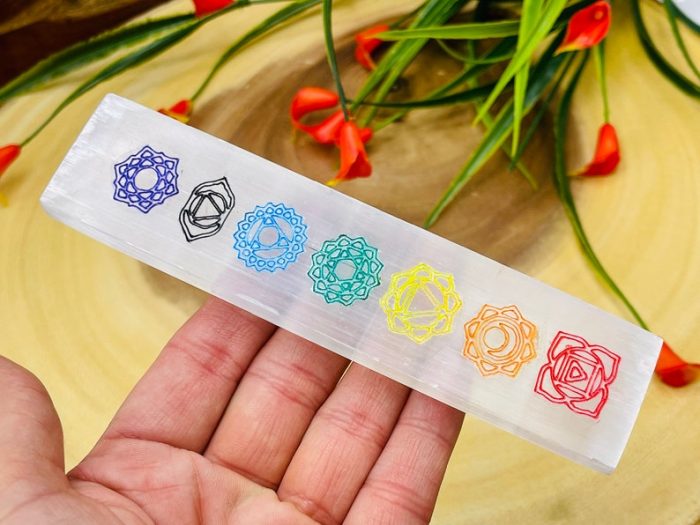 Selenite Charging Station Etched Bar With 7 Chakra Colored Signs & 7 Chakra Tumbled Stones | Charging Plate | Chakra Activator | Reiki