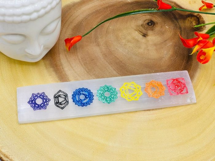 Selenite Charging Station Etched Bar With 7 Chakra Colored Signs & 7 Chakra Tumbled Stones | Charging Plate | Chakra Activator | Reiki