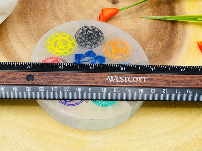 Selenite Charging Station Etched Plate With 7 Chakra Colored Signs & 7 Chakra Tumbled Stones | Charging Plate | Chakra Activator | Reiki