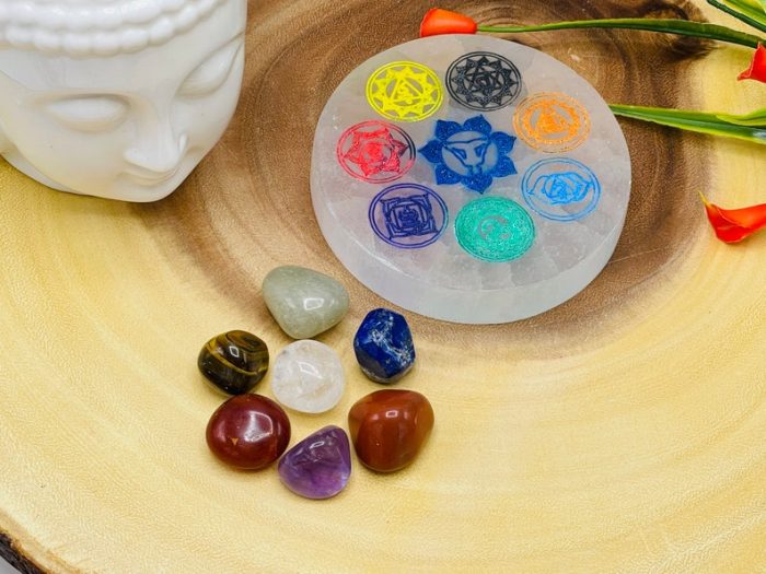 Selenite Charging Station Etched Plate With 7 Chakra Colored Signs & 7 Chakra Tumbled Stones | Charging Plate | Chakra Activator | Reiki