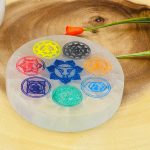 Selenite Charging Station Etched Plate With 7 Chakra Colored Signs | Charging Plate | Chakra Activator | Reiki | Crystal Cleanser | 4 inch