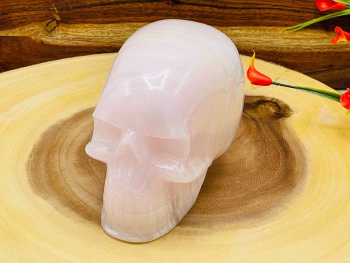 Rose Pink Mangano Fluorescent Calcite Skull | Pink Calcite Skull | Realistic Details | Handmade | Healing Fine Art Sculpture