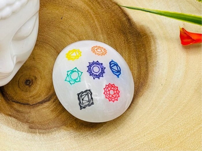 Selenite Palm Stone Etched with 7 Chakra Symbols | Selenite Pocket Stone | Chakra Activator | Reiki | Meditation | Powerful Healer