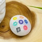 Selenite Palm Stone Etched with 7 Chakra Symbols | Selenite Pocket Stone | Chakra Activator | Reiki | Meditation | Powerful Healer