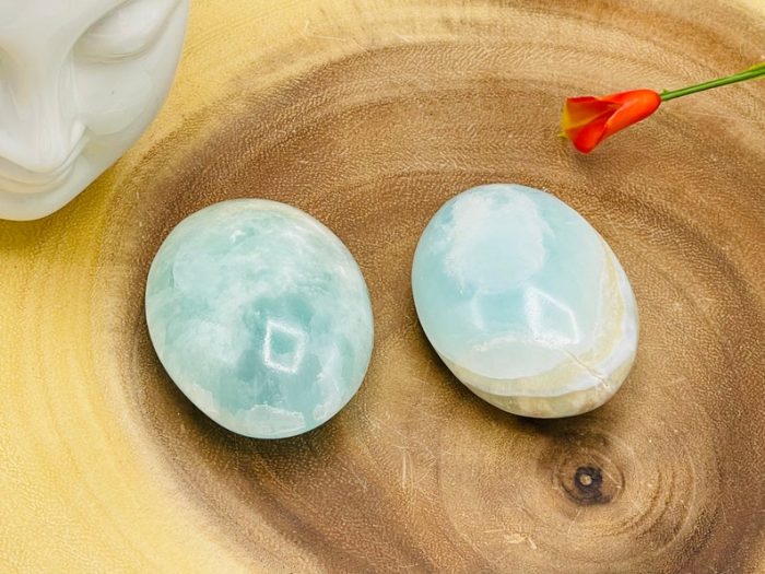 Aqua Calcite Palm Stone | Caribbean Blue Calcite Palm Stone | Handmade Massage Stone | Meditation & Healing Crystals | Stress Reliever