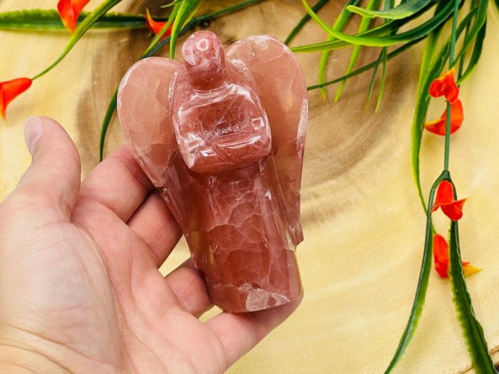 Strawberry Pink Calcite Angel | Heart Chakra | Crystal Figurine | Standing Statuette | Handmade | Angelic Reiki | Metaphysical Gemstone