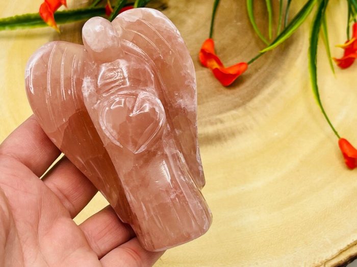 Strawberry Pink Calcite Angel | Heart Chakra | Crystal Figurine | Standing Statuette | Handmade | Angelic Reiki | Metaphysical Gemstone