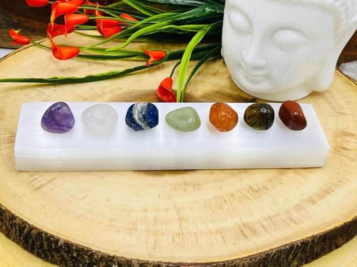 7 Chakra Tumbled Stones Set with Velvet Pouch | Selenite Charger | Tumbled Crystals | Chakra Healing Crystals | Healing | Reiki