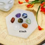 Selenite Hexagon Charging Station with Chakra Tumbled Stones & Velvet pouch | Chakra Tumbled Rocks | Chakra Activator | Metaphysical | 4"