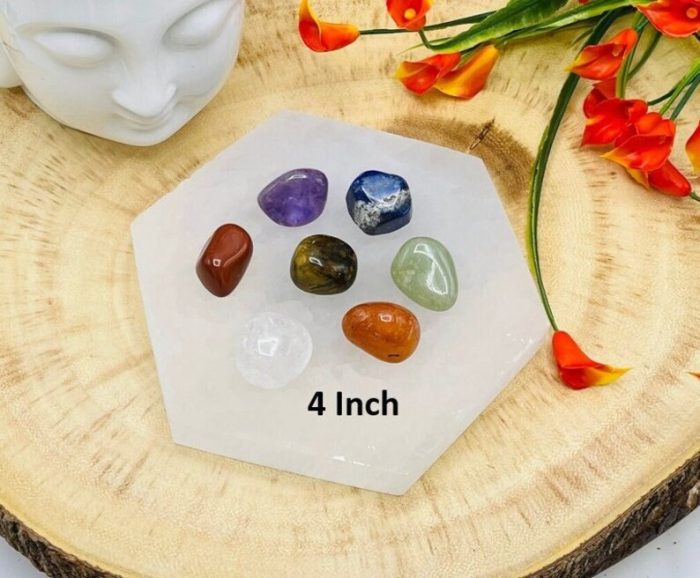 Selenite Hexagon Charging Station with Chakra Tumbled Stones & Velvet pouch | Chakra Tumbled Rocks | Chakra Activator | Metaphysical | 4"