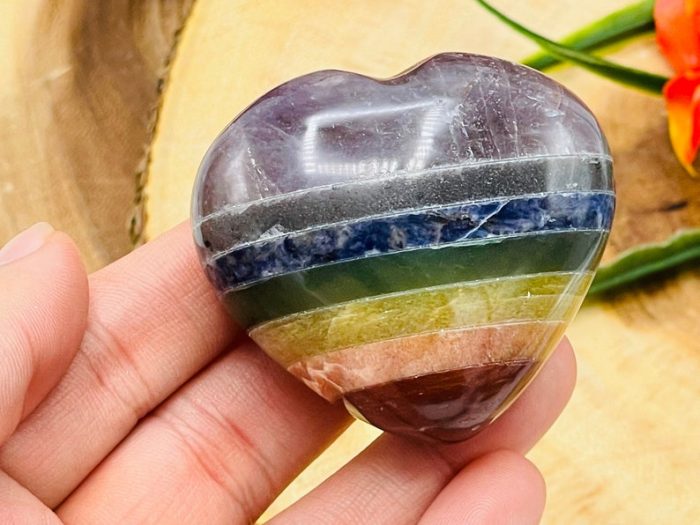 7 Chakra Bonded Heart Stone | Polished Stones | Chakra Healing Crystals | Reiki Chakra Heart | Chakra Balancing | Metaphysical | 2" inch