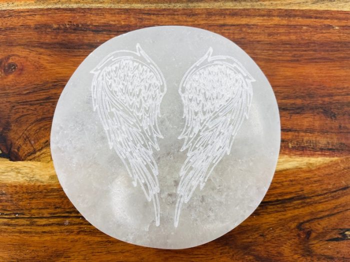 Selenite Charging Station Etched with Wings of Angel Design | Round Charging Plate | Chakra Activator | Powerful Healer | 4 inch (10 cm)