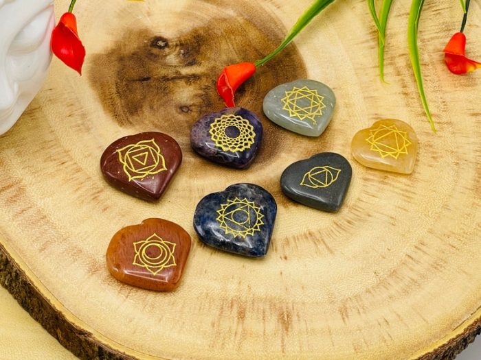 7 Chakra Heart Stone Set Engraved With Chakra Symbol | Polished Chakra Stones | Chakra Healing Crystals | Therapy | Reiki Crystals