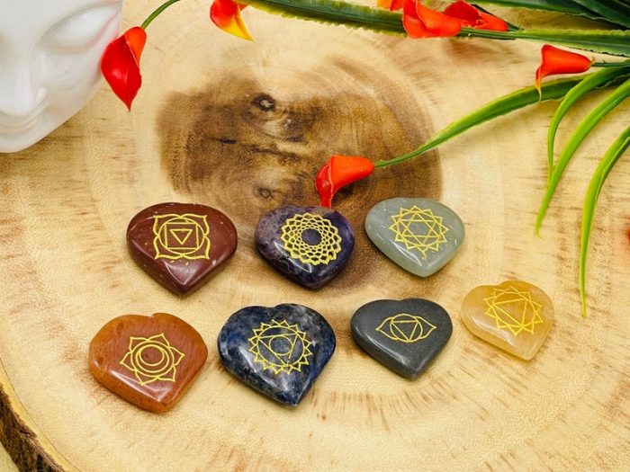 7 Chakra Heart Stone Set Engraved With Chakra Symbol | Polished Chakra Stones | Chakra Healing Crystals | Therapy | Reiki Crystals