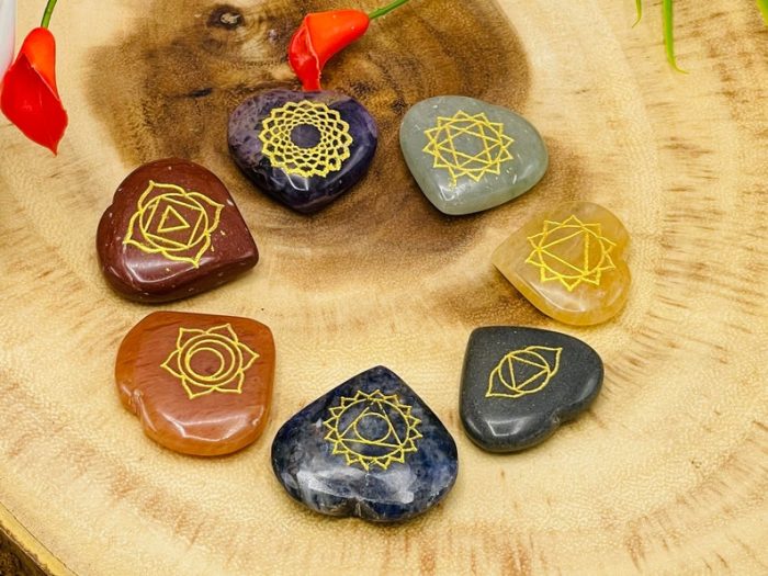 7 Chakra Heart Stone Set Engraved With Chakra Symbol | Polished Chakra Stones | Chakra Healing Crystals | Therapy | Reiki Crystals