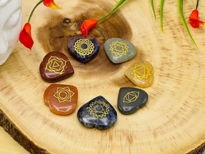 7 Chakra Heart Stone Set Engraved With Chakra Symbol | Polished Chakra Stones | Chakra Healing Crystals | Therapy | Reiki Crystals