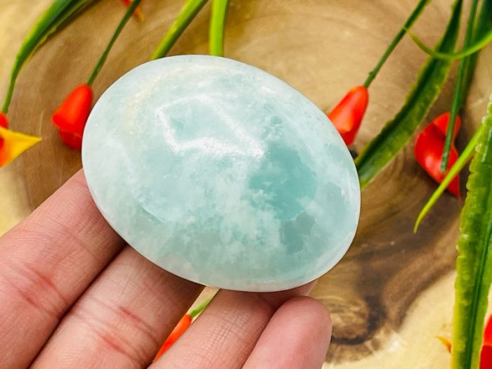 Aqua Calcite Palm Stone | Caribbean Blue Calcite Palm Stone | Handmade Massage Stone | Meditation & Healing Crystals | Stress Reliever