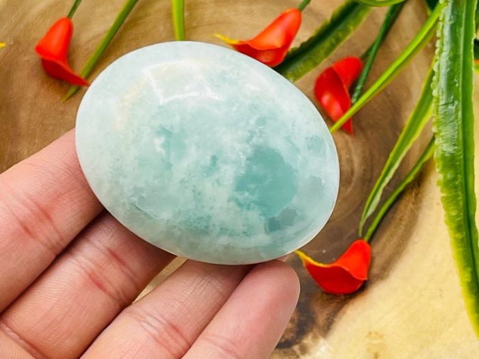 Aqua Calcite Palm Stone | Caribbean Blue Calcite Palm Stone | Handmade Massage Stone | Meditation & Healing Crystals | Stress Reliever