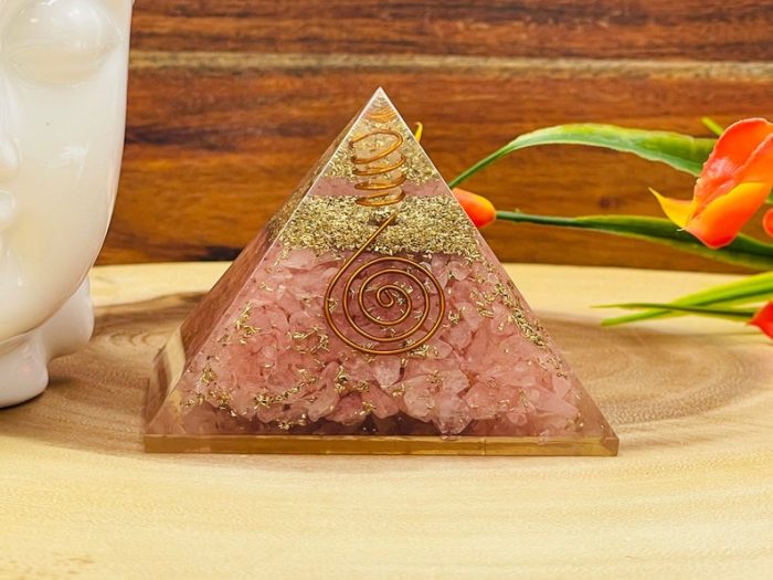 Rose Quartz Orgone Pyramid with Reiki Sign with Clear quartz Point | Rose Quartz Orgonite Pyramid | Stone of Love | Heart Chakra Pyramid 3"